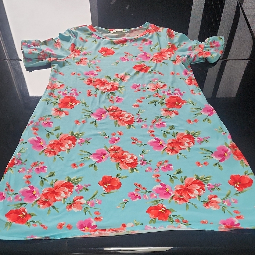 Floral Casual Dress - Aqua and Red